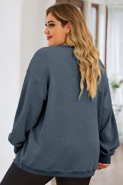 Light Gray Plus Size Heart Ribbed Round Neck Sweatshirt