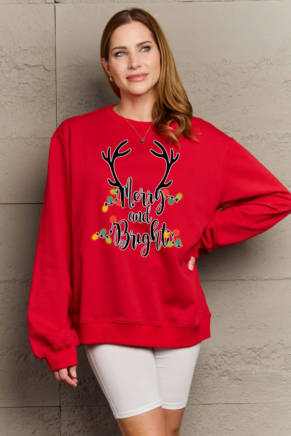 Rosy Brown Simply Love Full Size MERRY AND BRIGHT Graphic Sweatshirt Sentient Beauty Fashions Tops