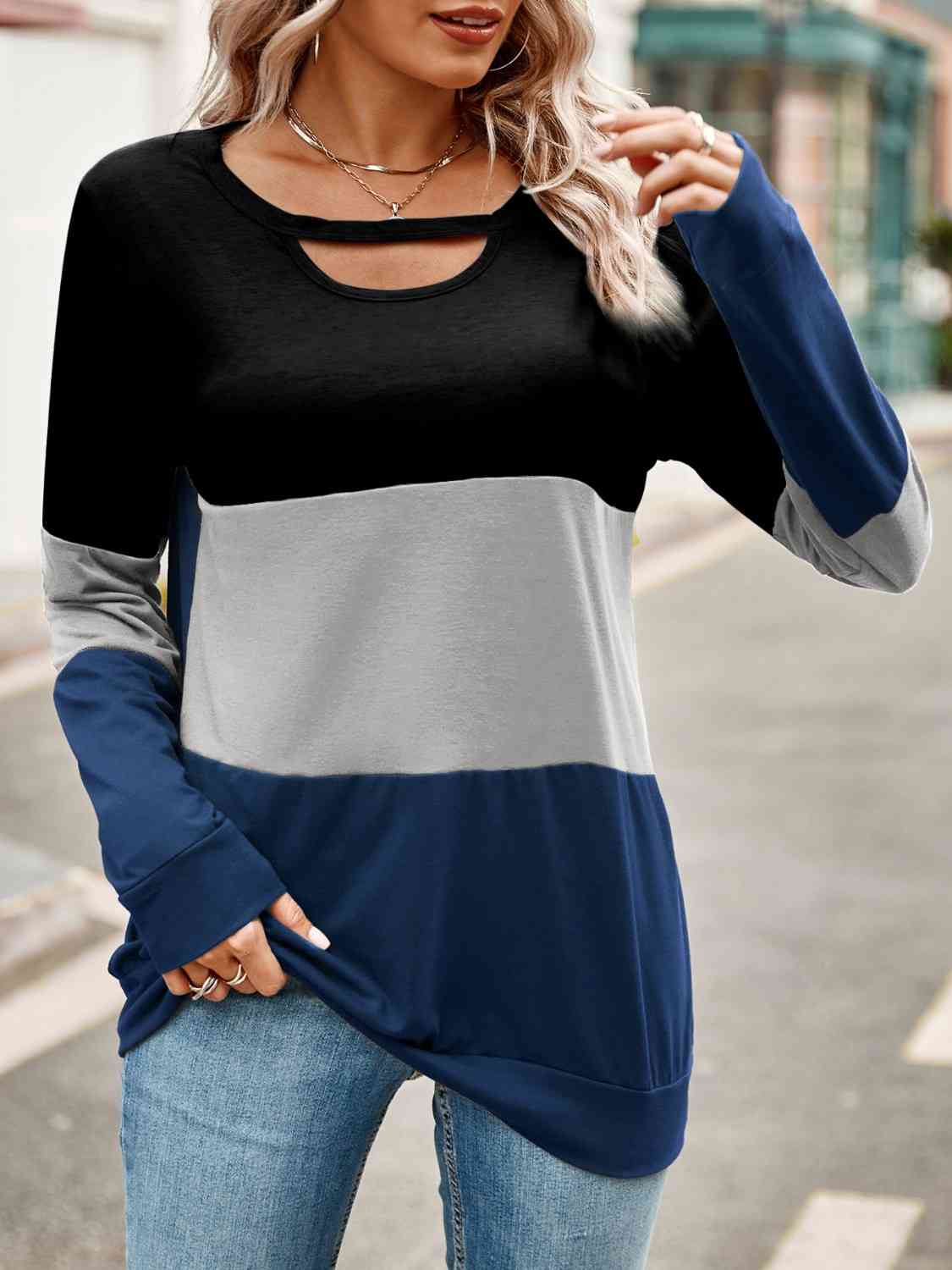 Gray Color Block Cutout Round Neck Long Sleeve T-Shirt Sentient Beauty Fashions Apparel &amp; Accessories