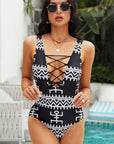 Gray Geometric Lace-Up One-Piece Swimsuit Sentient Beauty Fashions swimwear