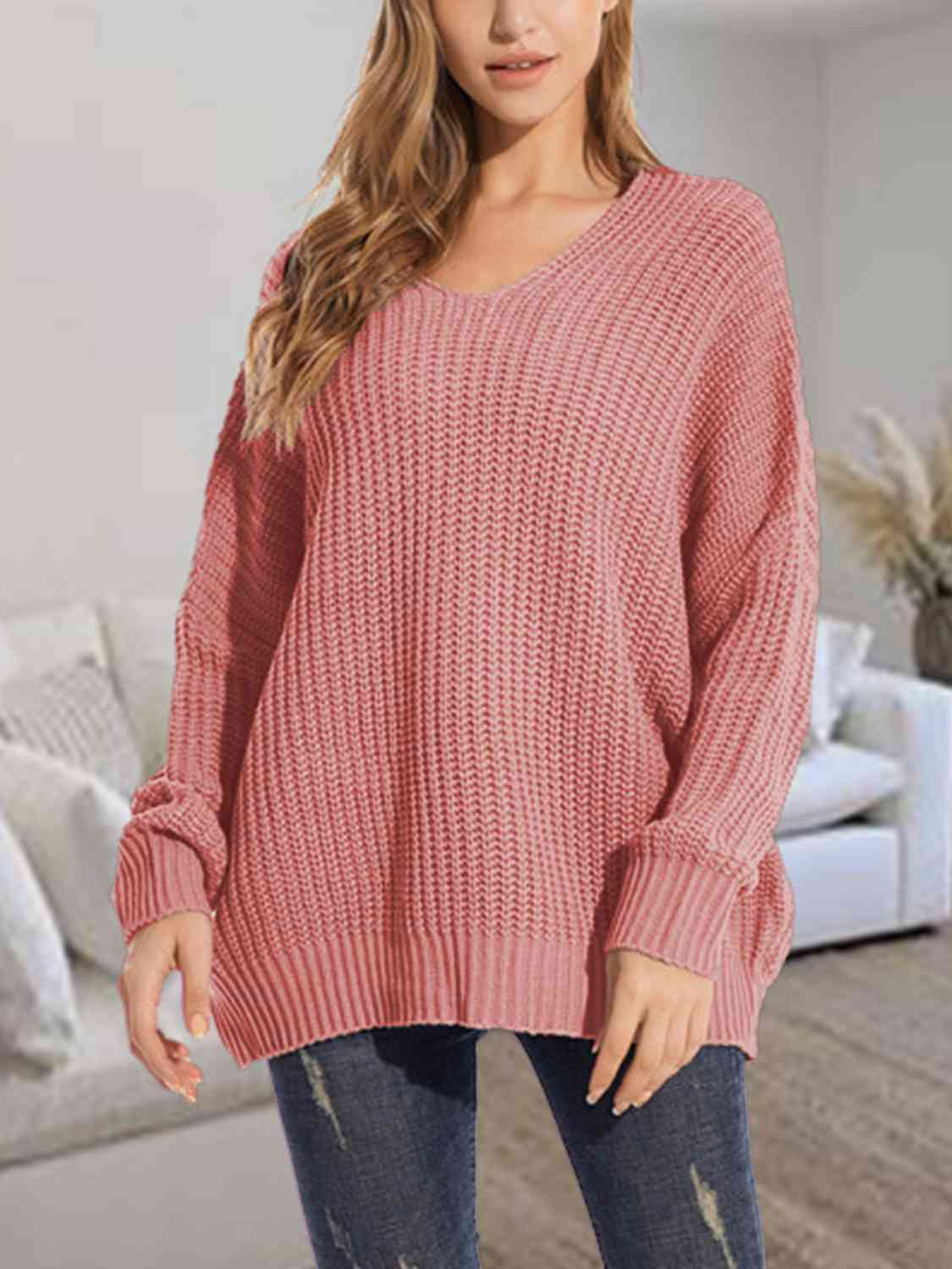 Rosy Brown V-Neck Batwing Dropped Shoulder Sweater