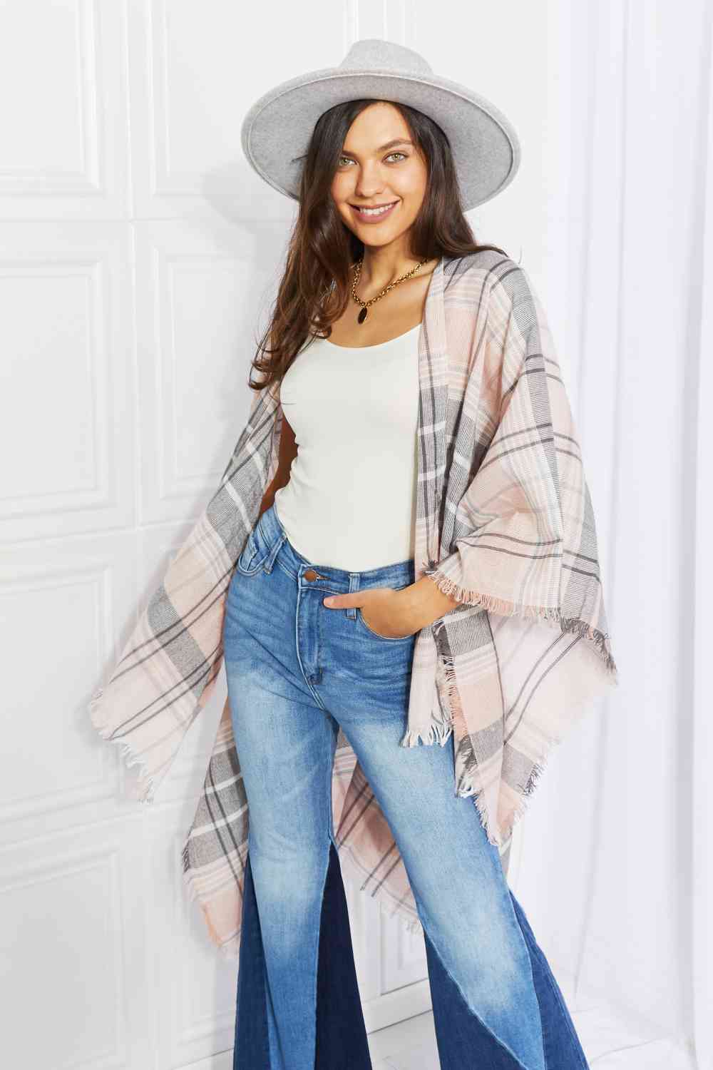 Light Gray Leto Punch of Plaid Lightweight Poncho Sentient Beauty Fashions Apparel & Accessories