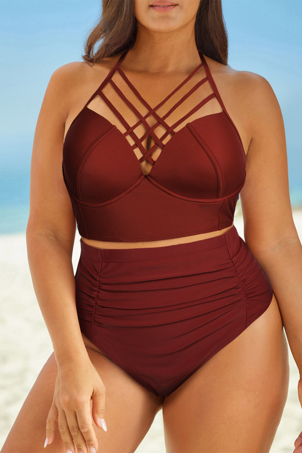 Chocolate Halter Neck Crisscross Ruched Two-Piece Swimsuit