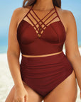 Chocolate Halter Neck Crisscross Ruched Two-Piece Swimsuit Sentient Beauty Fashions swimwear