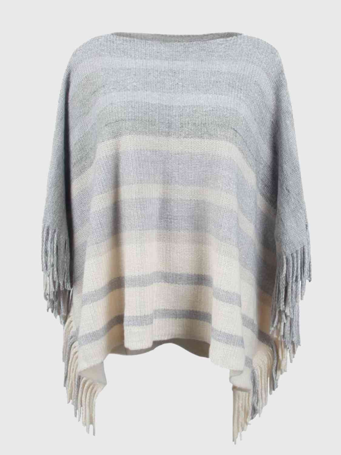 Light Gray Striped Boat Neck Poncho with Fringes