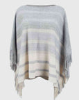 Light Gray Striped Boat Neck Poncho with Fringes