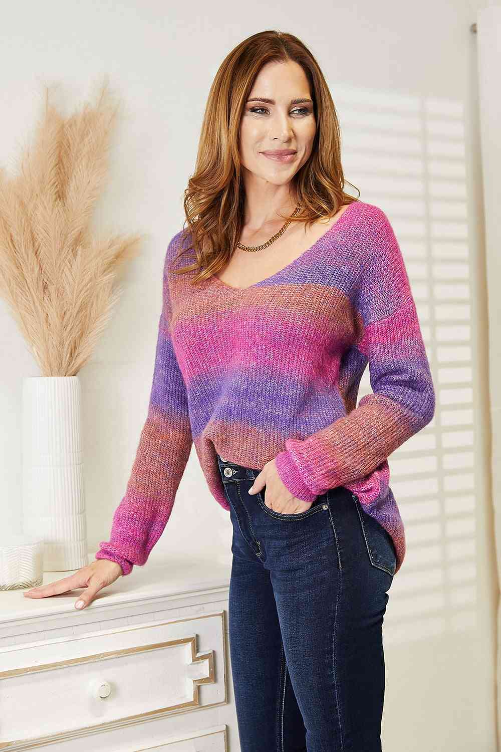 Light Gray Double Take Multicolored Rib-Knit V-Neck Knit Pullover Sentient Beauty Fashions Apparel &amp; Accessories