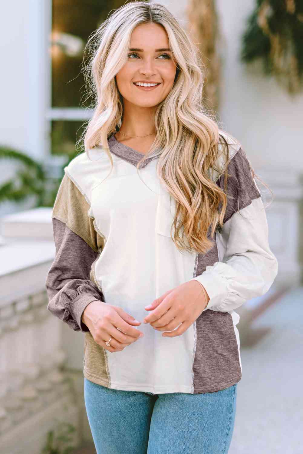 Gray Color Block Exposed Seam Blouse