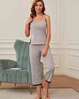 Gray V-Neck Lace Trim Slit Cami and Pants Pajama Set