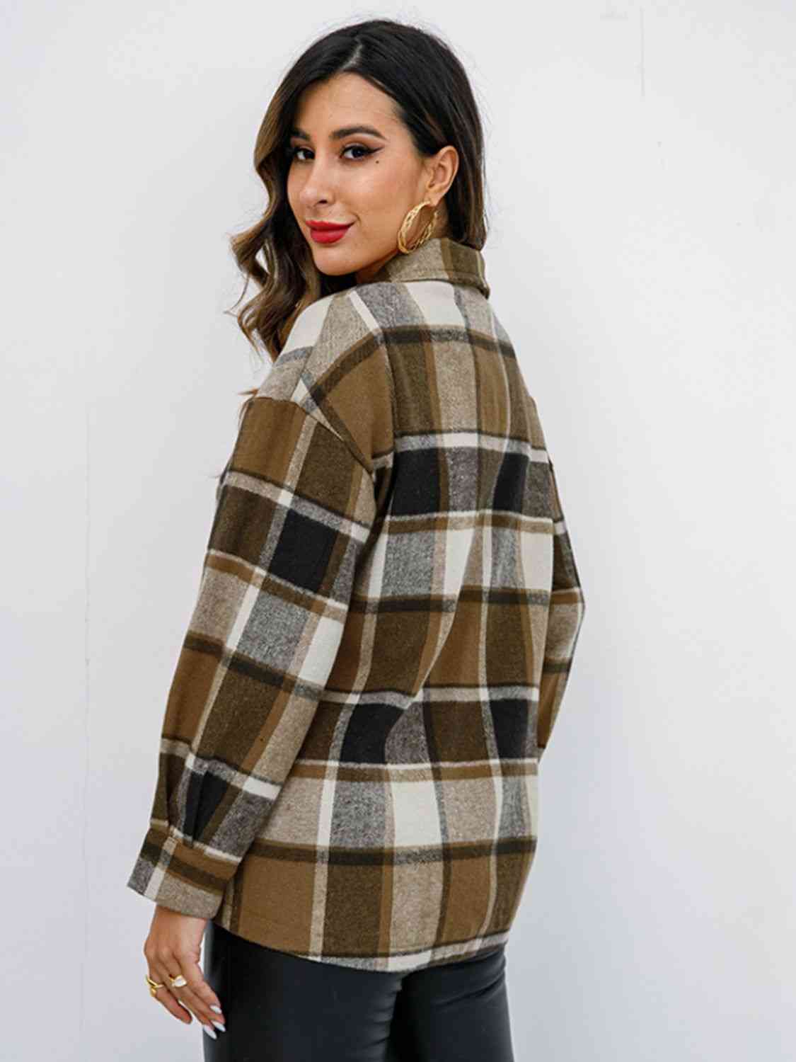 Light Gray Plaid Button Up Collared Neck Jacket Sentient Beauty Fashions Apparel &amp; Accessories