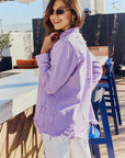 Gray American Bazi Full Size Distressed Button Down Denim Jacket in Lavender Sentient Beauty Fashions Apparel & Accessories