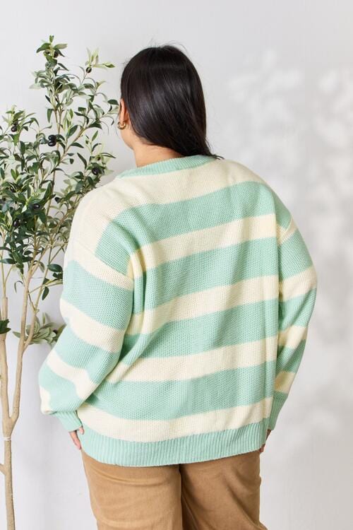 Light Gray Sew In Love Full Size Contrast Striped Round Neck Sweater