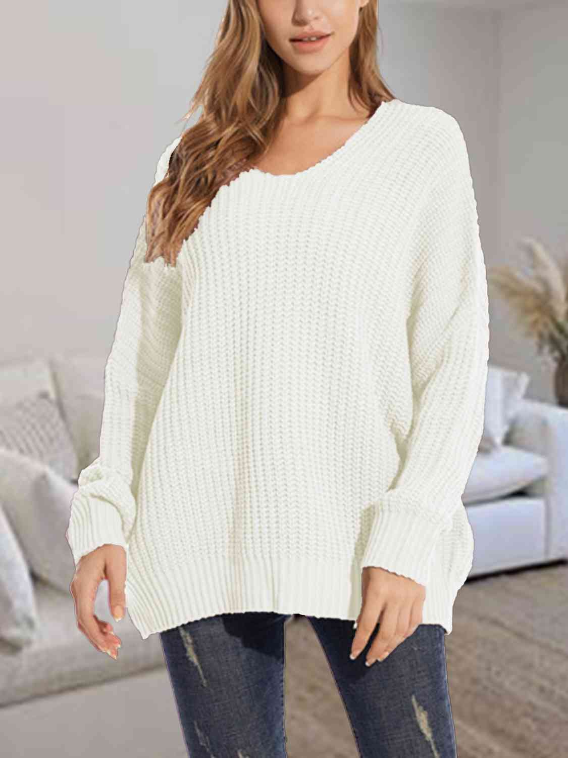 Gray V-Neck Batwing Dropped Shoulder Sweater Sentient Beauty Fashions Apparel & Accessories