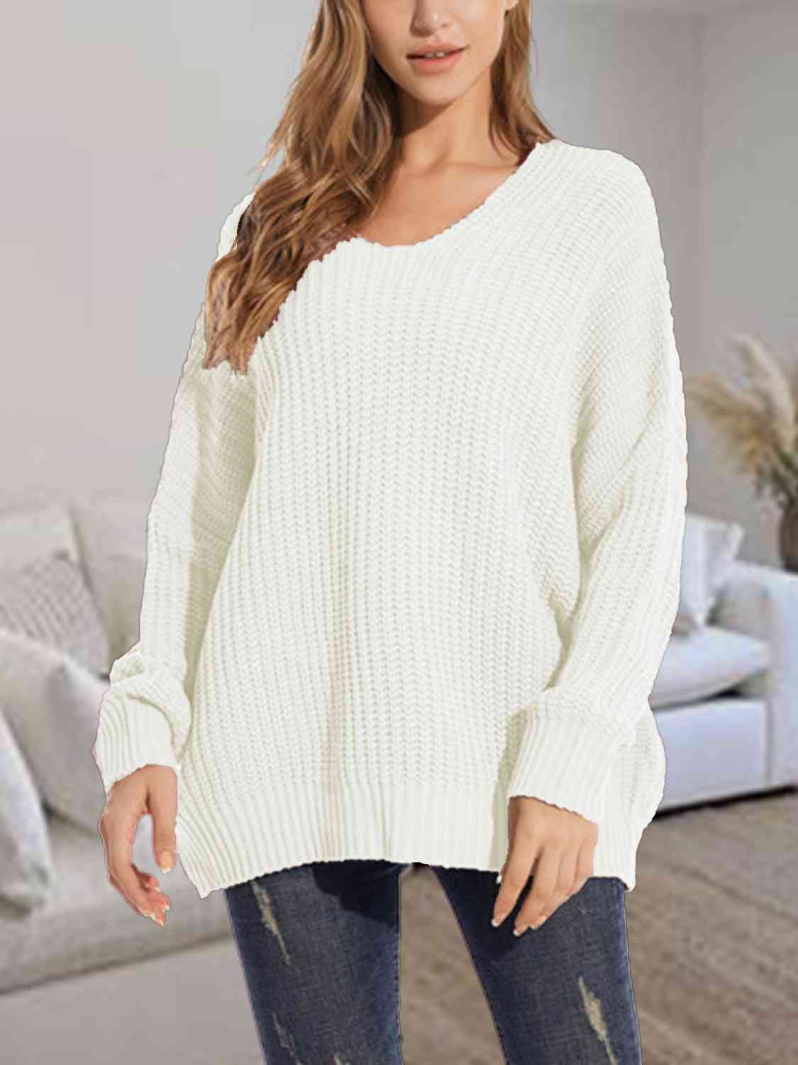 Gray V-Neck Batwing Dropped Shoulder Sweater