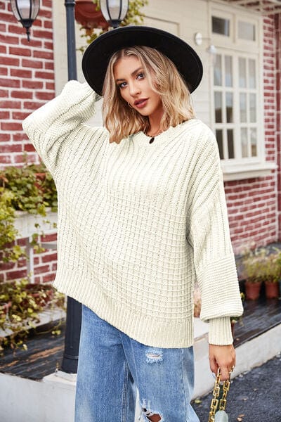 Light Gray Ribbed Drop Shoulder Lantern Sleeve Sweater