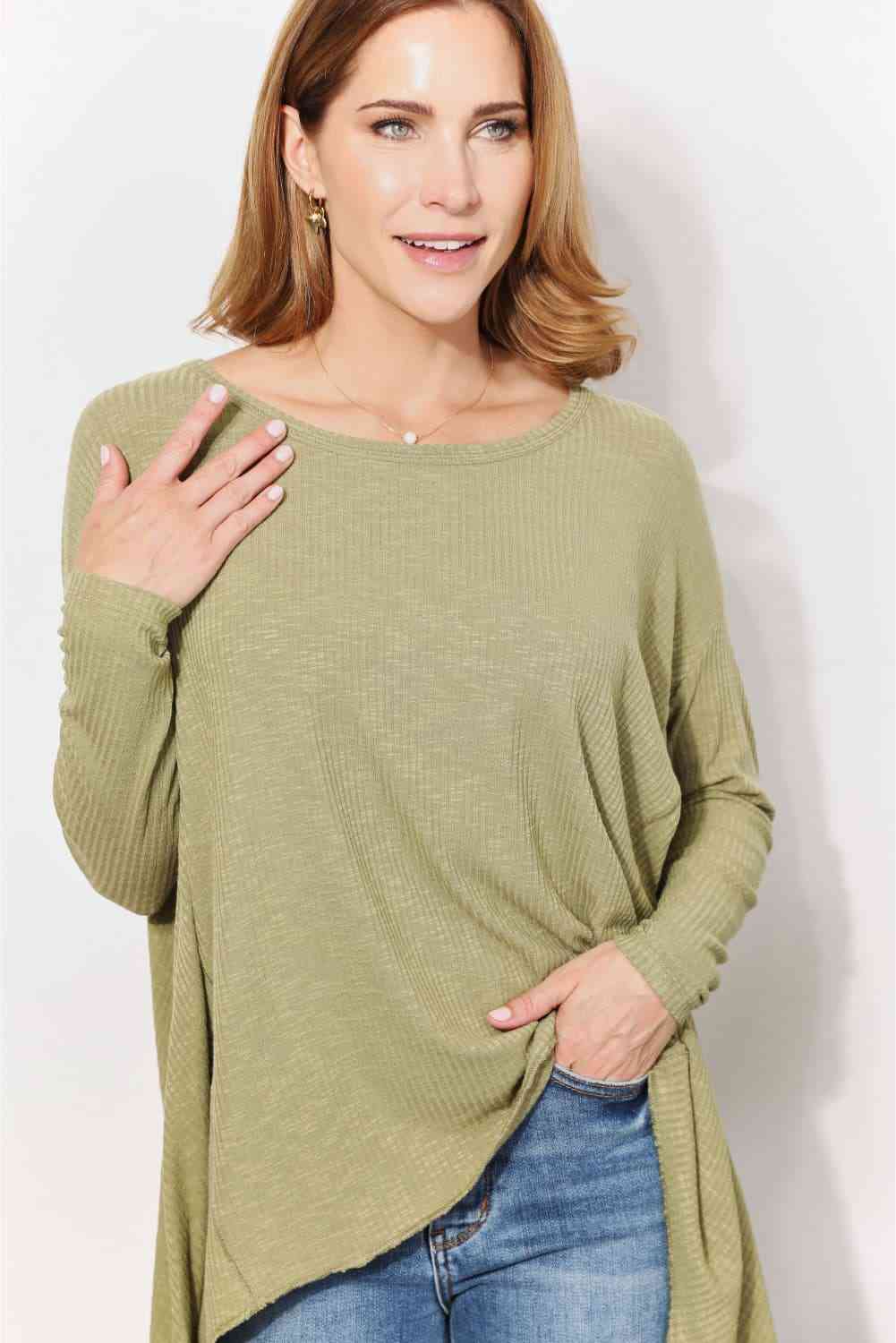 Tan HEYSON Full Size Oversized Super Soft Rib Layering Top with a Sharkbite Hem and Round Neck Sentient Beauty Fashions Apparel &amp; Accessories
