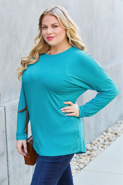 Dark Cyan Basic Bae Full Size Round Neck Dropped Shoulder T-Shirt Sentient Beauty Fashions Apparel &amp; Accessories