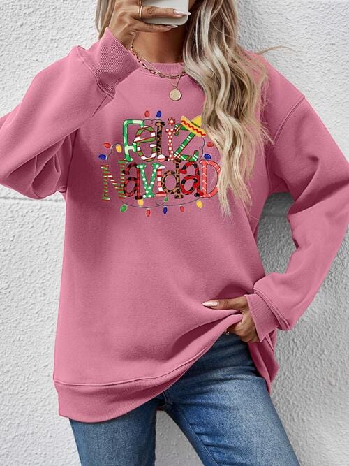 Rosy Brown FELIZ NAVIDAD Round Neck Drop Shoulder Sweatshirt