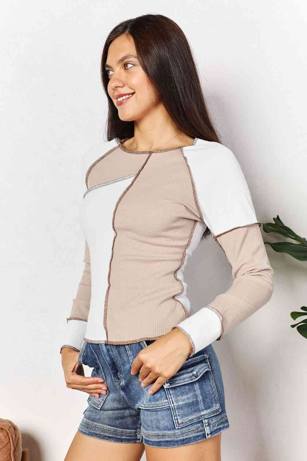 Light Gray Double Take Color Block Exposed Seam Top Sentient Beauty Fashions Apparel &amp; Accessories