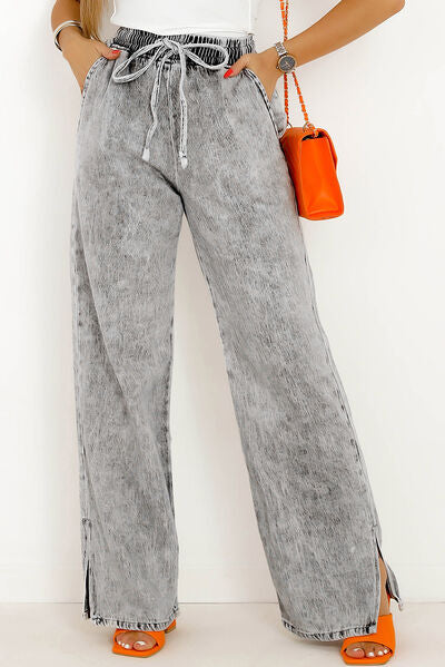 Light Gray Slit Drawstring Jeans with Pockets Sentient Beauty Fashions Apparel & Accessories