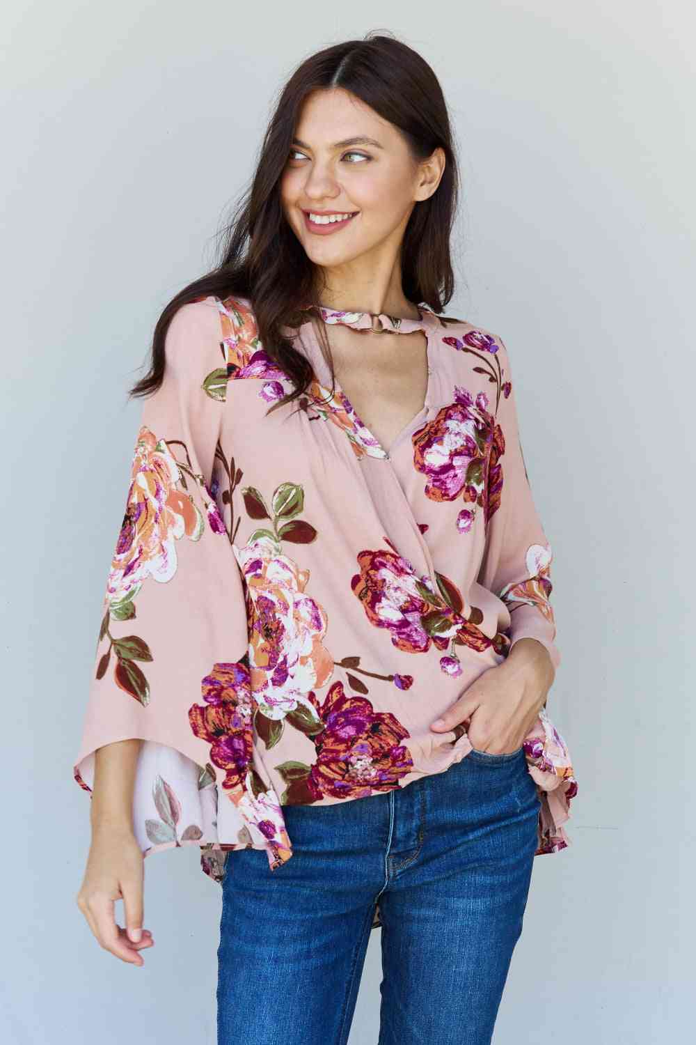Gray ODDI Full Size Floral Bell Sleeve Crepe Top Sentient Beauty Fashions Apparel & Accessories