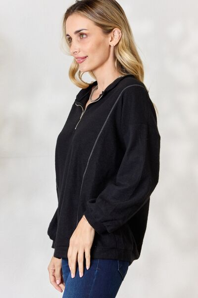 Black BiBi Half Zip Brushed Terry Long Sleeve Top Sentient Beauty Fashions Apparel & Accessories