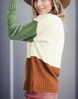 Light Slate Gray Color Block Round Neck Long Sleeve Sweater Sentient Beauty Fashions Apparel & Accessories