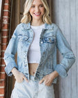 Dark Gray Veveret Distressed Button Up Denim Jacket