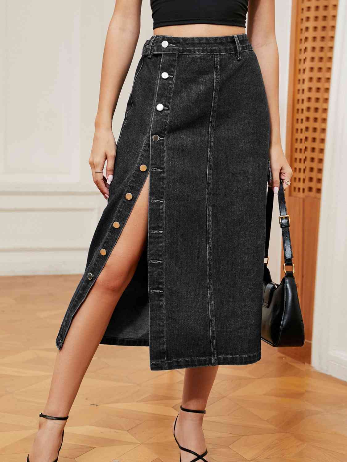 Dark Slate Gray Button Down Denim Skirt Sentient Beauty Fashions Apparel &amp; Accessories