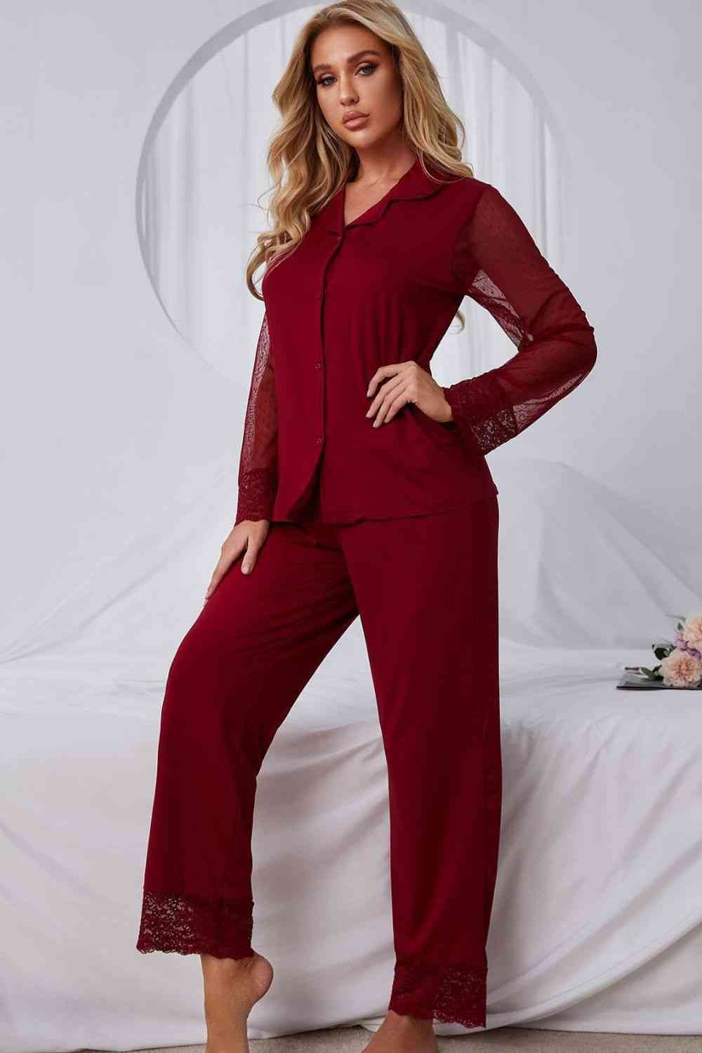 Gray Spliced Lace Lapel Collar Pajama Set