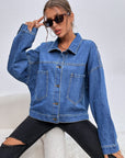 Dark Slate Gray Collared Neck Dropped Shoulder Denim Jacket Sentient Beauty Fashions Apparel & Accessories