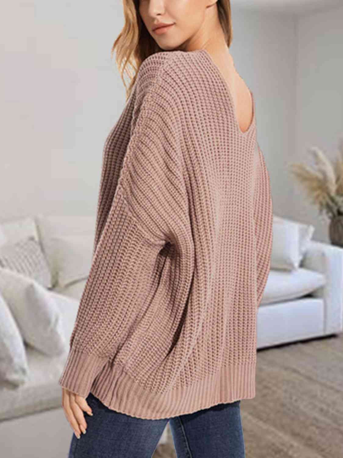 Rosy Brown V-Neck Batwing Dropped Shoulder Sweater Sentient Beauty Fashions Apparel & Accessories