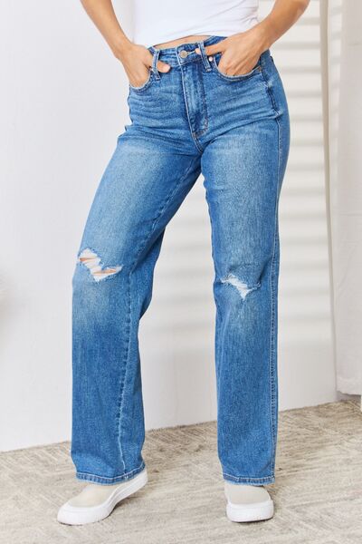 Steel Blue Judy Blue Full Size High Waist Distressed Straight-Leg Jeans Sentient Beauty Fashions Apparel & Accessories