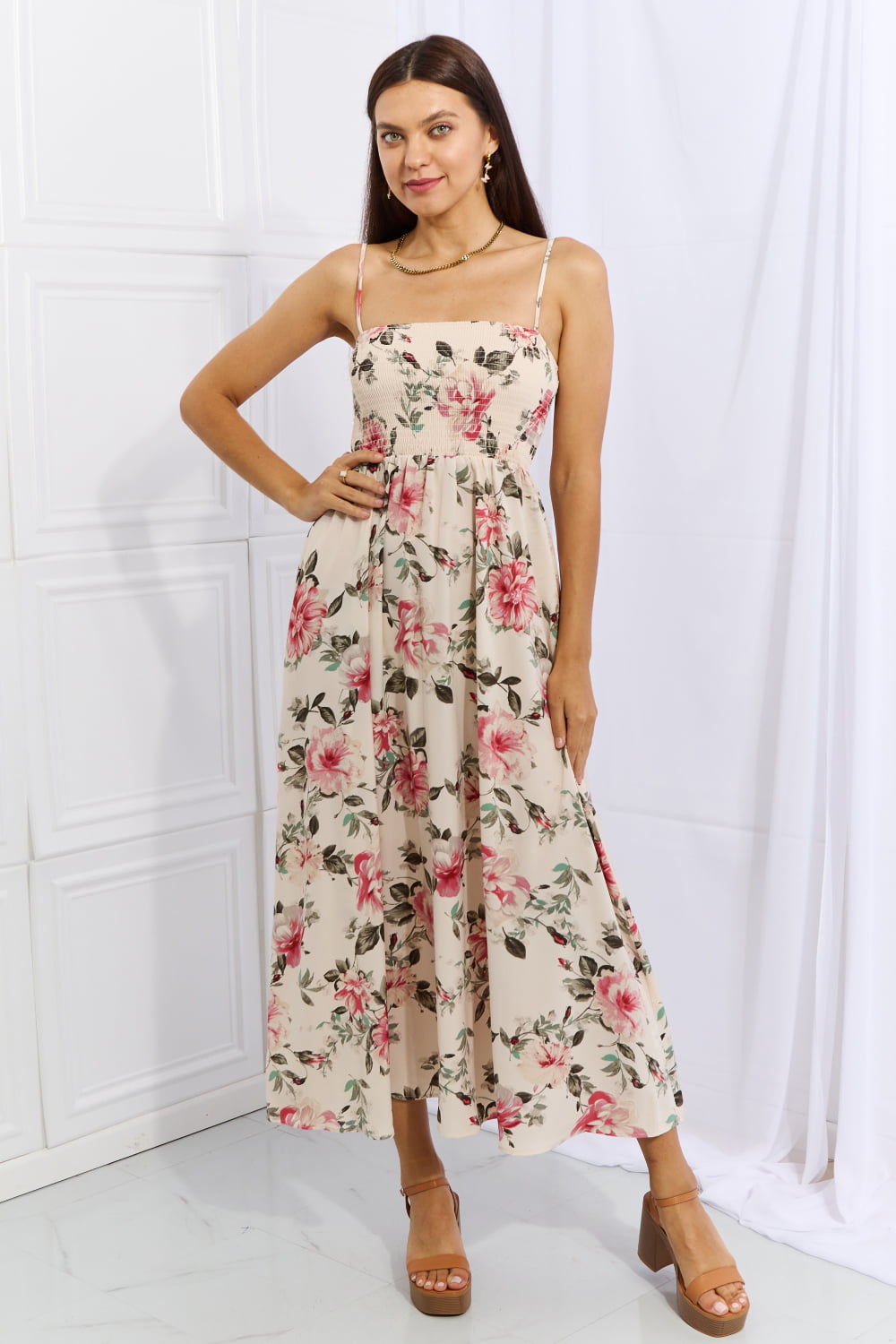 Light Gray OneTheLand Hold Me Tight Sleevless Floral Maxi Dress in Pink Sentient Beauty Fashions Apparel & Accessories