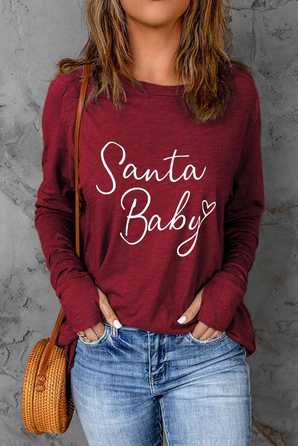 Dark Olive Green SANTA BABY Graphic Long Sleeve T-Shirt Sentient Beauty Fashions Apparel & Accessories