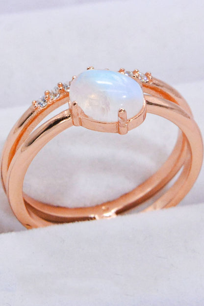 Light Gray Natural Moonstone and Zircon Double-Layered Ring