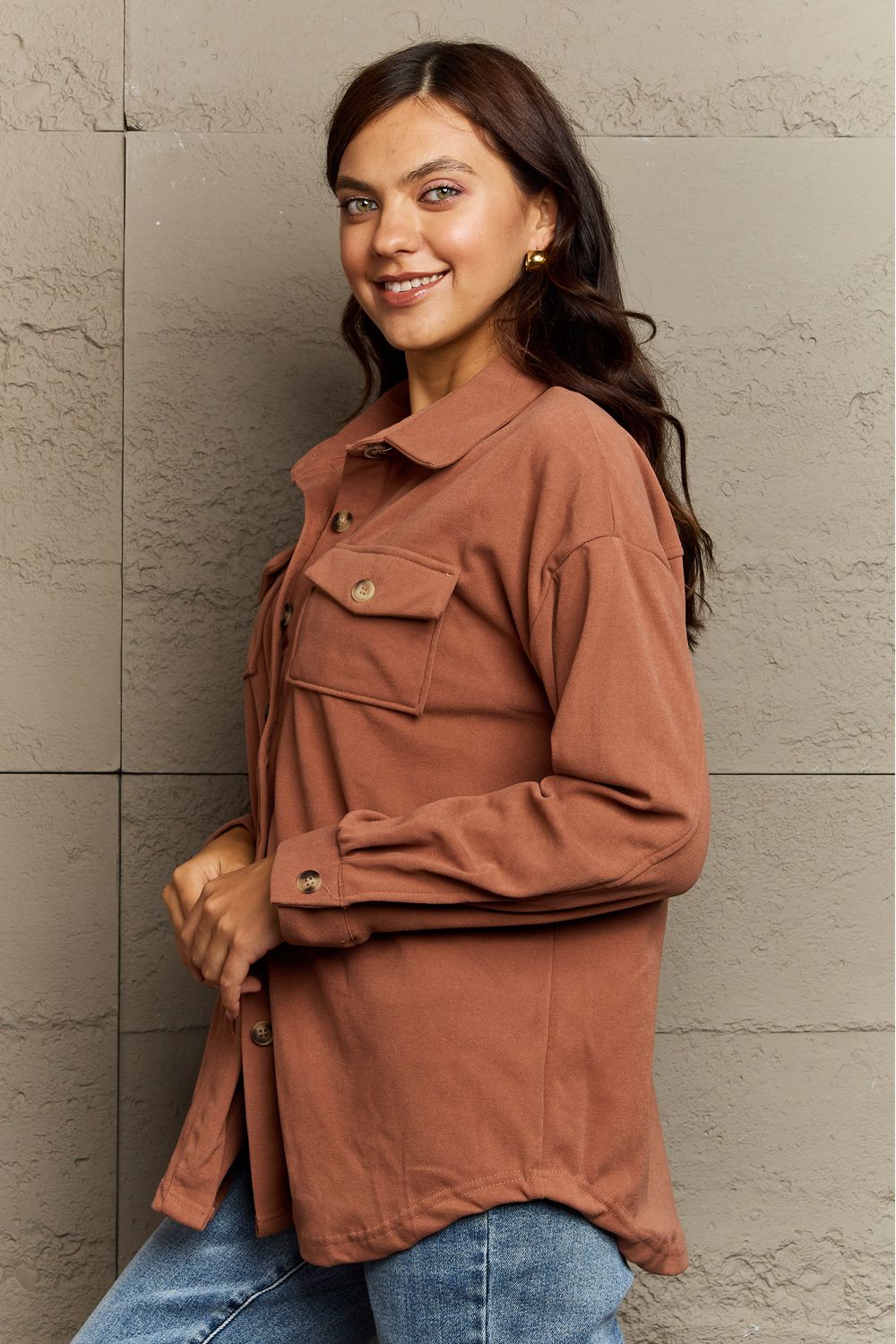 Rosy Brown Ninexis Collared Neck Buttoned Front Pocket Jacket Sentient Beauty Fashions Apparel & Accessories