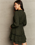 Dark Gray Leopard Smock Waist Long Sleeve Dress