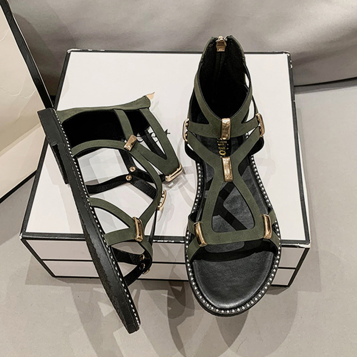 Gray Open Toe Back Zipper Flat Sandals Sentient Beauty Fashions Shoes