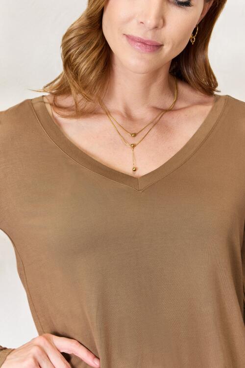 Rosy Brown Zenana Full Size Long Sleeve V-Neck Top Sentient Beauty Fashions Apparel &amp; Accessories