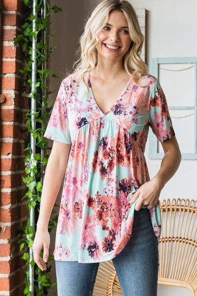 Gray Heimish Full Size Floral V-Neck Short Sleeve Babydoll Blouse Sentient Beauty Fashions Apparel &amp; Accessories