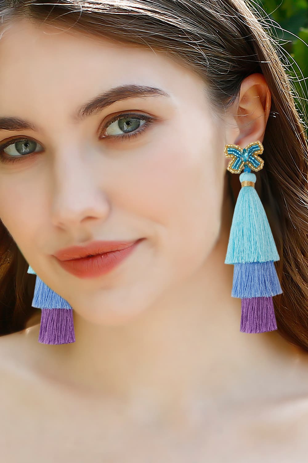 Tan Triple-Layer Tassel Dangle Earrings Sentient Beauty Fashions jewelry