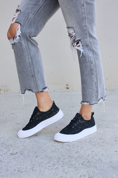 Gray Forever Link Sequin Lace-Up Platform Sneakers Sentient Beauty Fashions Apparel &amp; Accessories