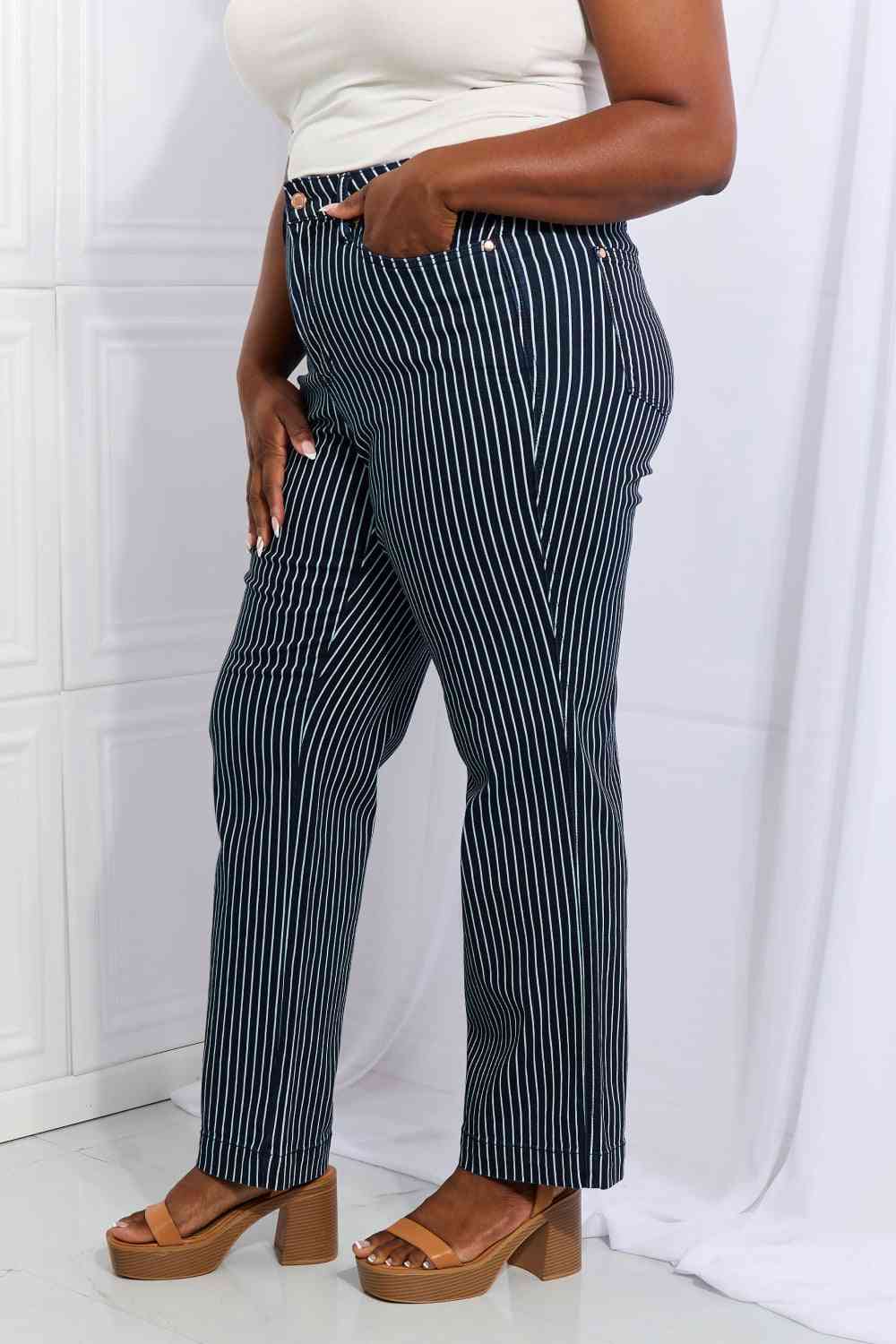 Light Gray Judy Blue Cassidy Full Size High Waisted Tummy Control Striped Straight Jeans Sentient Beauty Fashions Apparel & Accessories