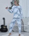 Gray Tie-dye Round Neck Top and Drawstring Pants Lounge Set Sentient Beauty Fashions Apparel & Accessories