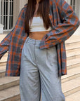 Slate Gray Plaid Button Up Dropped Shoulder Shirt Sentient Beauty Fashions Apparel & Accessories