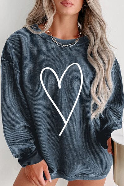 Dark Slate Gray Plus Size Heart Ribbed Round Neck Sweatshirt