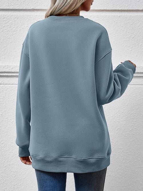 Slate Gray FELIZ NAVIDAD Round Neck Drop Shoulder Sweatshirt