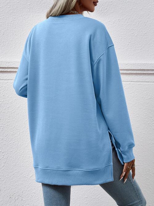 Cadet Blue V-Neck Slit Long Sleeve Sweatshirt