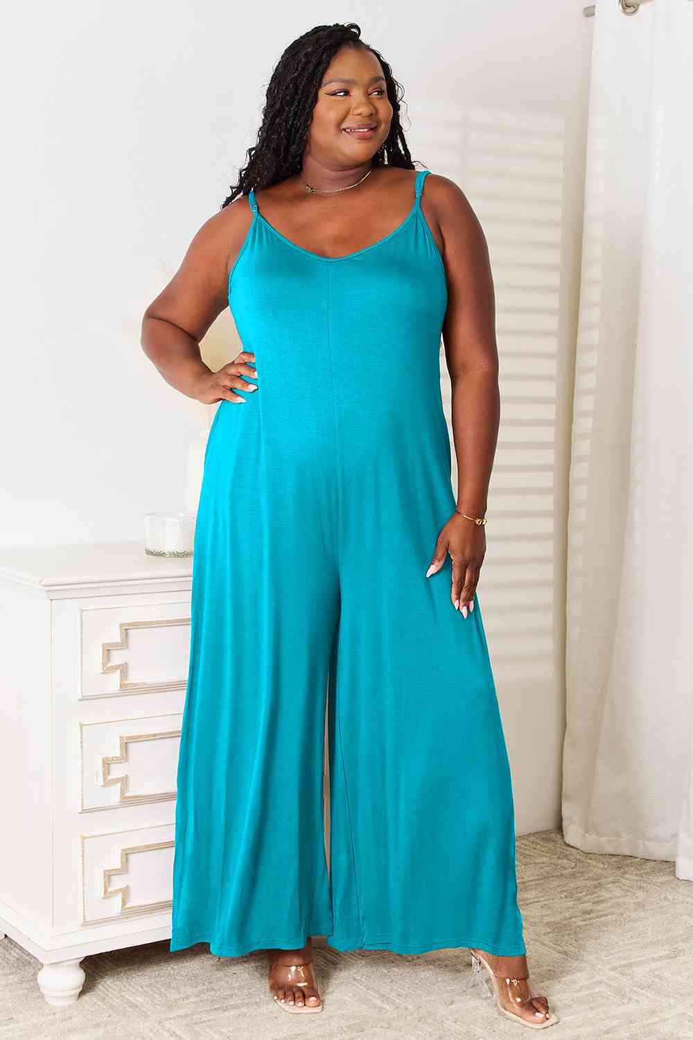 Dark Cyan Double Take Full Size Soft Rayon Spaghetti Strap Tied Wide Leg Jumpsuit Sentient Beauty Fashions Apparel &amp; Accessories